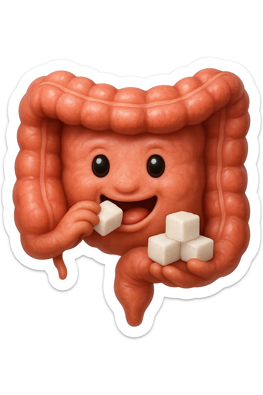 emoji stile iphone di un intestino anatomico che mangia zollette di zucchero, iperrealistico 4k, isolato su sfondo bianco sticker