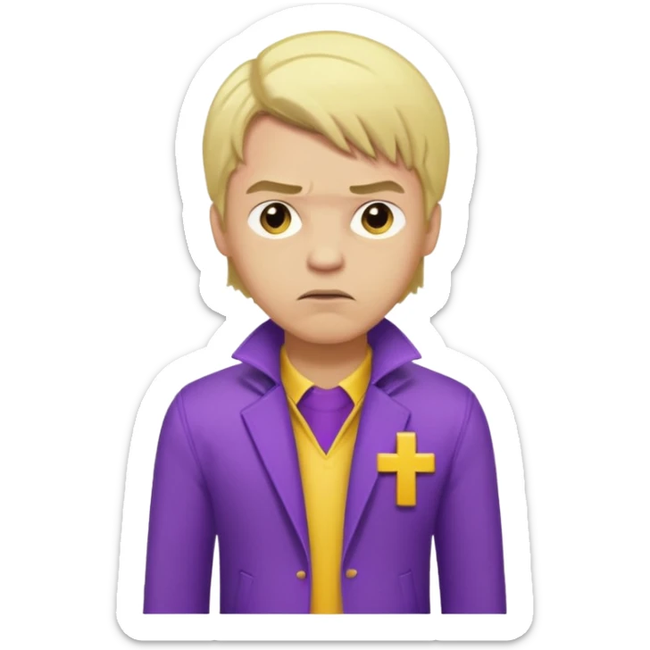 Create A Guy Wearing Light Skin Blond Hair Yellow Cross Purple Jacket Purple Pants And Mad Face sticker