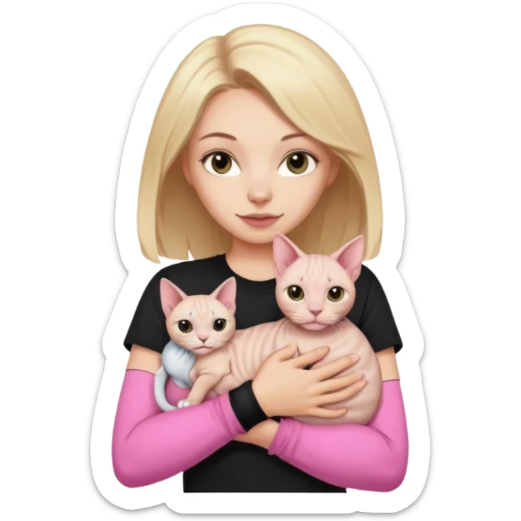 A white girl with light hair in black T-shirt is holding a Sphynx girl cat in her arms sticker