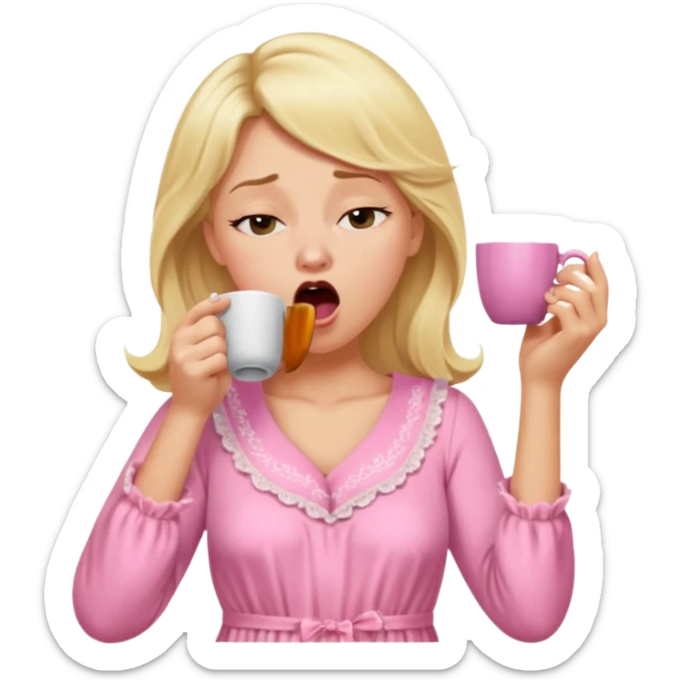 A blonde woman in a pink nightgown yawns, looking sleepy with dark circles under her eyes, drinking coffee, looking like she just woke up sticker