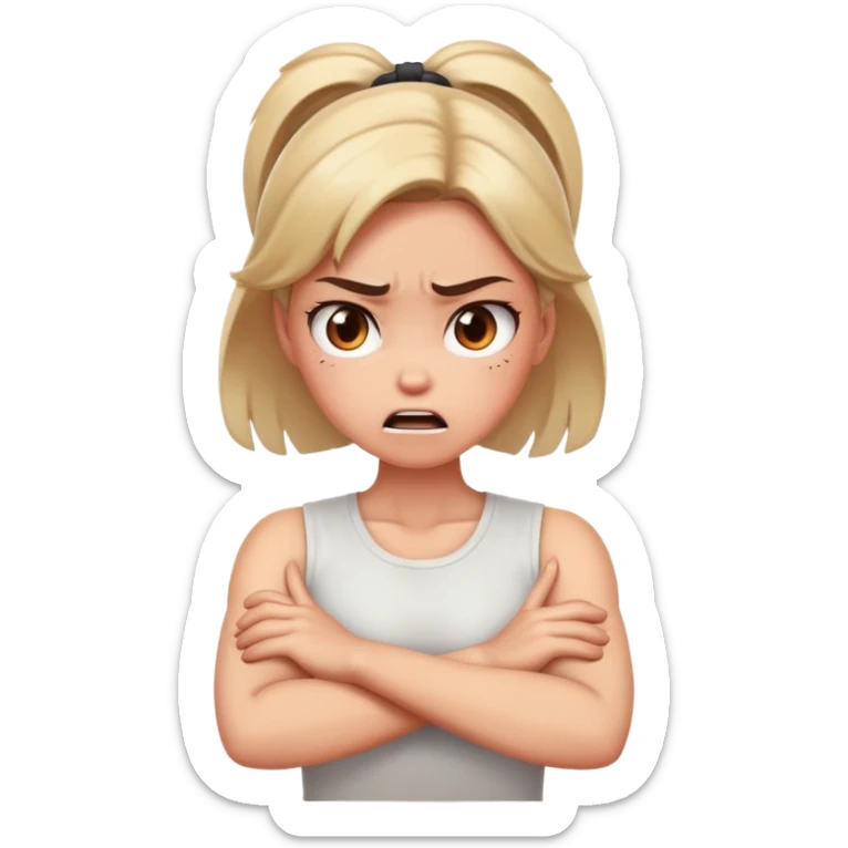 girl with arms crossed holding her neck with an angry face sticker