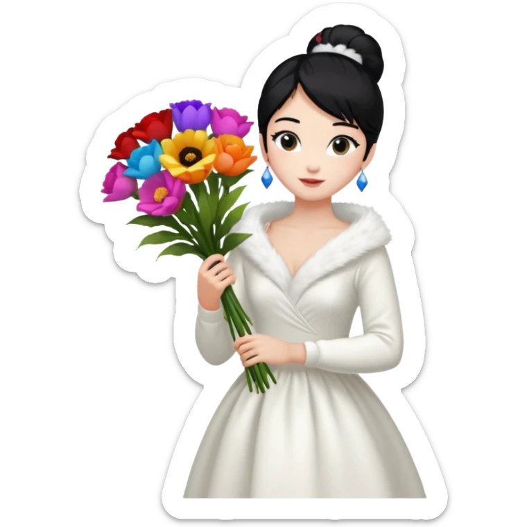 Chica blanca,cuerpo entero, vestido fiesta blanco ,manga larga ,con estola, pelo negro,    ramo de flores una mano, pelo recogido en moño alto sticker