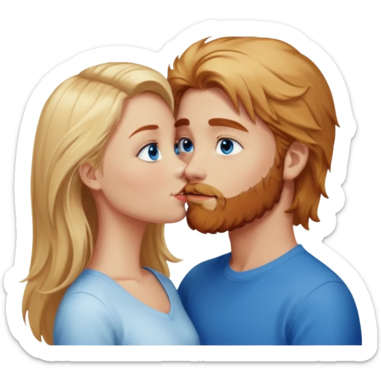 Beautiful, long hair blonde girl with bright blue eyes, looking at and kissing reddish-browish hair, blue eyed white guy with reddish-brownish-scruffy beard sticker