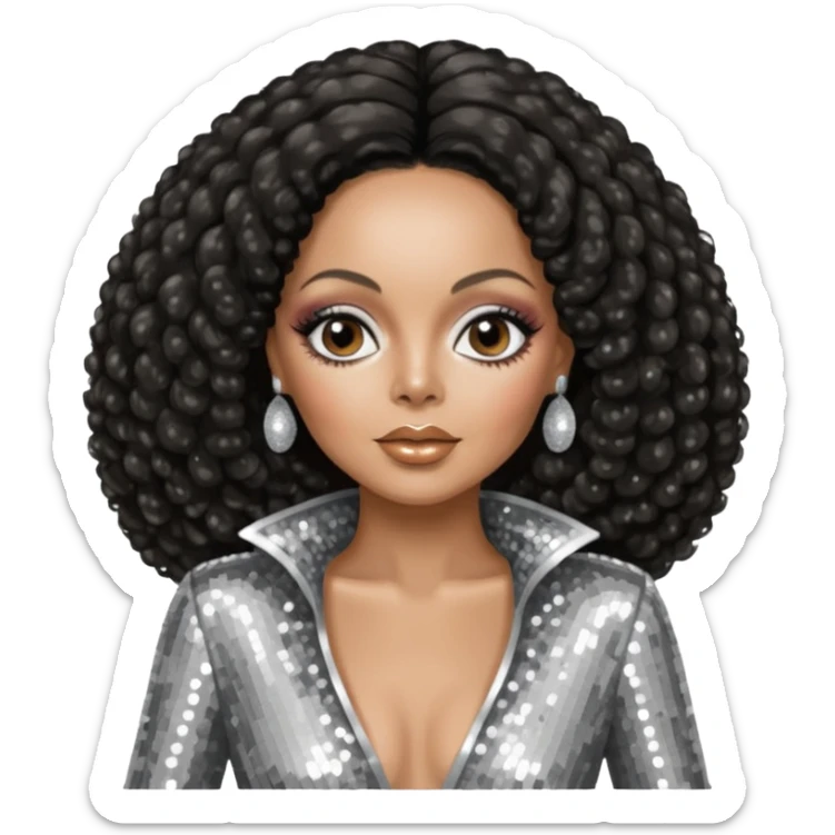 Diana Ross from The Supremes with dark brown hair, silver outfit sticker