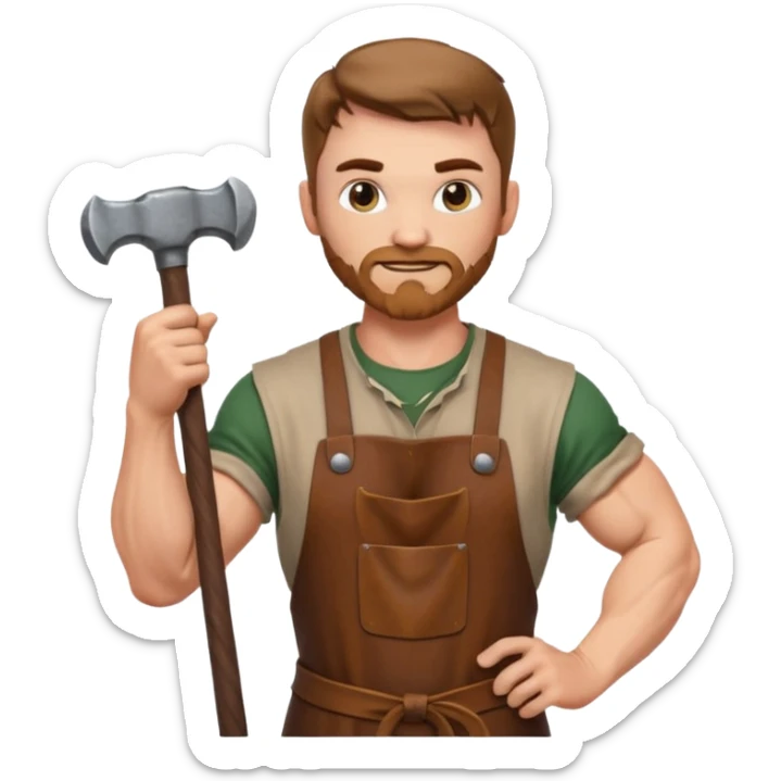Emoji portrait of a Celtic blacksmith. Work clothes, muscular arms, holding a hammer and wearing a leather apron. sticker