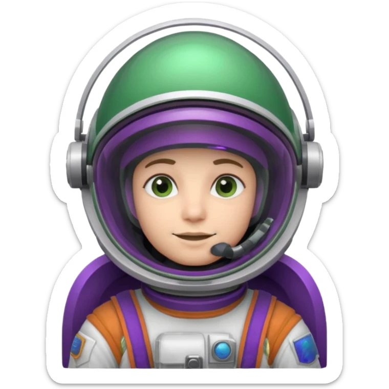 An astronaut wearing a cowboy's hat on his helmet, green and purple accents for the space suit sticker