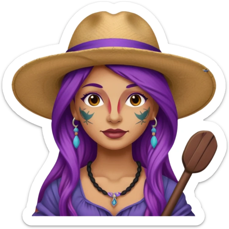 tattoed face venice gondolier with iconic hat woman purple long hair sticker