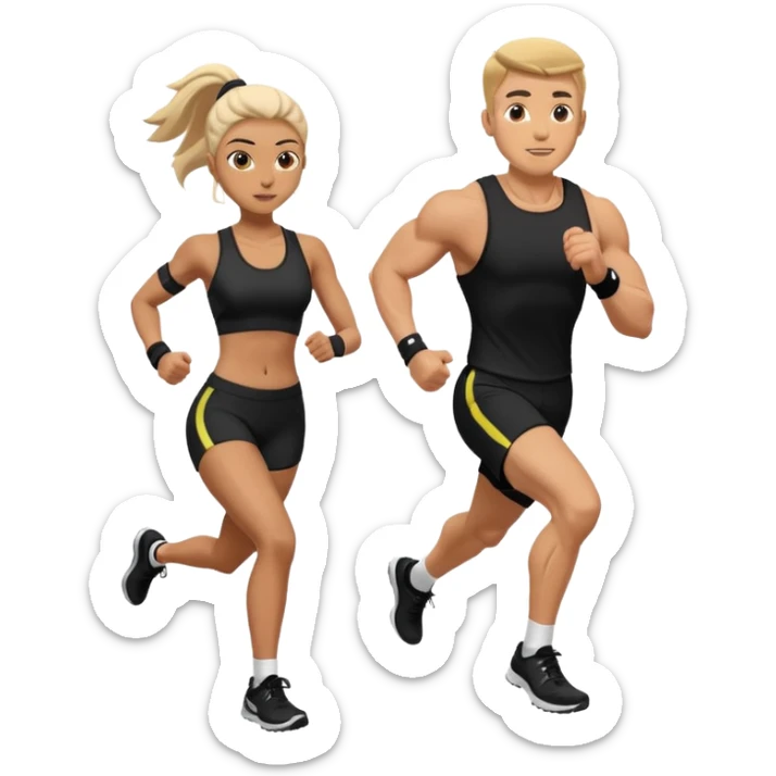 A muscled man and woman running a HYROX race in black fitness gear sticker