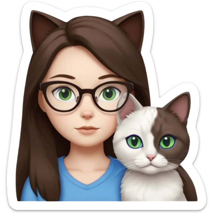 O fata cu parul saten lung ,ochii gri-albastrii ,ochelari și codițe de pisica ..și langa o pisicuță total  alba pufoasa ,cu ochii verzi și o a doua pisica siameza pufoasa cu capul maro inchis-negru și coada ,restul corpului un maro deschis spre alb  cu ochii albaștrii. sticker