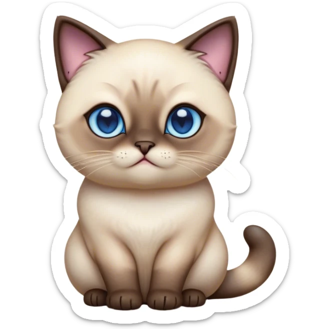 Cinematic Cute Chubby Siamese Cat Portrait Emoji, Round and plump body, soft cream-colored fur with rich dark points on the ears, face, paws, and tail, big, sparkling sapphire-blue eyes, Simplified yet irresistibly adorable features, highly detailed, glowing with a warm, cozy glow, high shine, curious yet calm, stylized with a touch of whimsy, bright and endearing, soft glowing outline, capturing the essence of a mischievous yet lazy and loveable kitty, so cuddly it feels like it could waddle right out of the screen for a snuggle! sticker