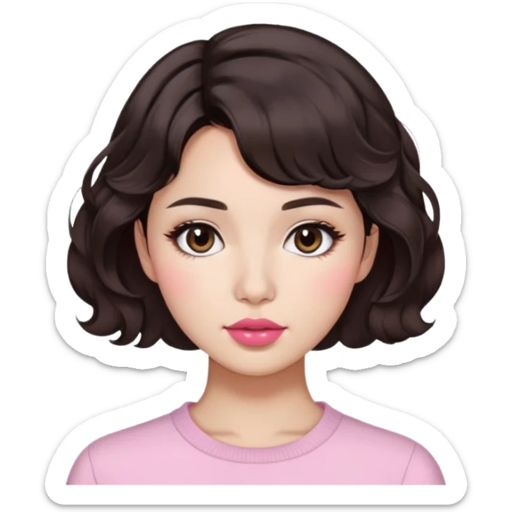 woman, aesthetic Pinterest look, short wavy dark brown hair, morena skin, round nose, slightly dark pink lips, Korean haircut sticker