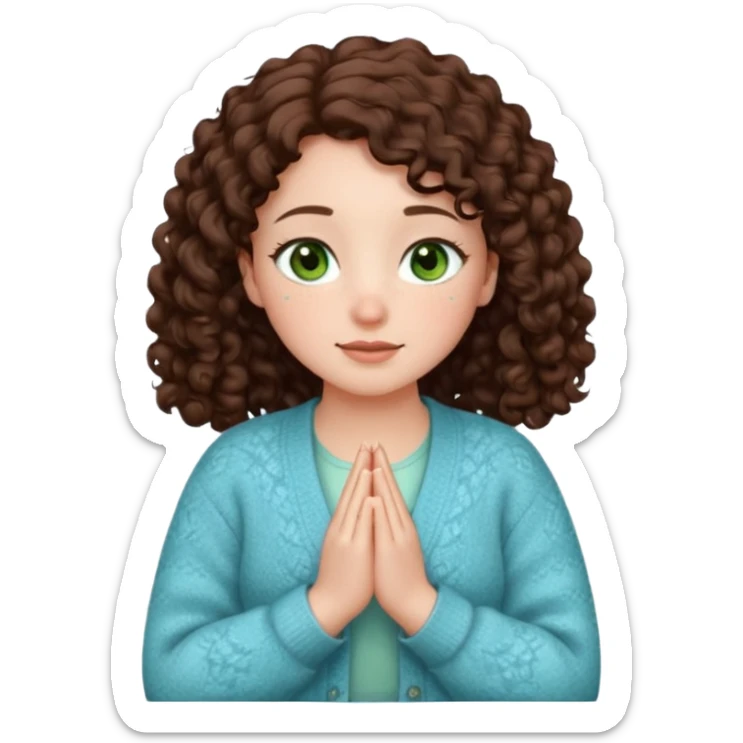 young girl in cozy cardigan milky blue tones, green eyes, freckles, plump lips, dark brown curly hair below shoulders, hands folded in prayer or gratitude, looking forward, slightly smiling, emoji style sticker