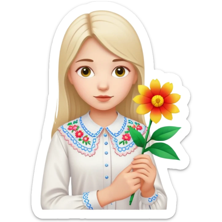 Ukrainian young girl in white embroidered shirt holding colored paper and a flower sticker