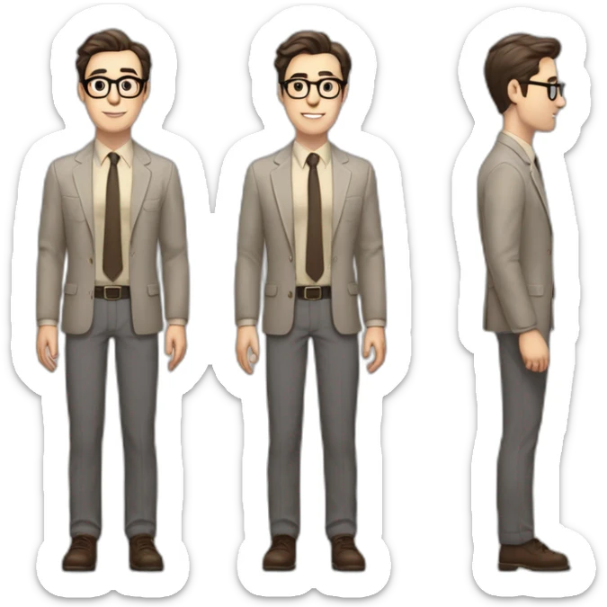 Full height Pale skinned Fit Man With dark brown hair in gray jacket, beige office shirt, tie, Brown pants and vintage glasses. Thrumbs of his palms directed up sticker