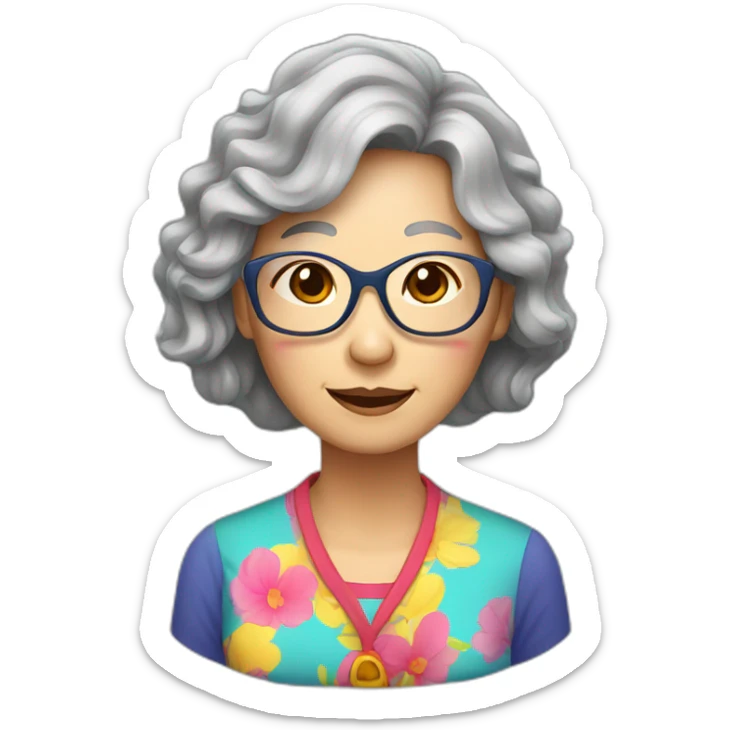 Chinese senior lady with long hair wavy hair with glasses with colorful top sticker