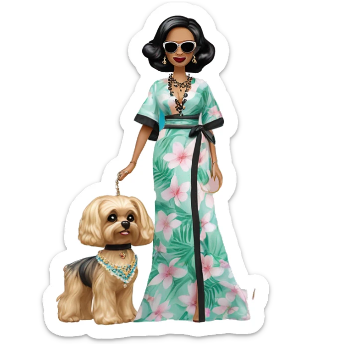 Palm Beach Breeze Barbie Wednesday Addams ,by the pool, white skin, full body visible, wavy hair,handbag, earrings,flowing floral caftan,small 2 piece, sunglasses on top,heels,holding yorkie Miss Thang sticker