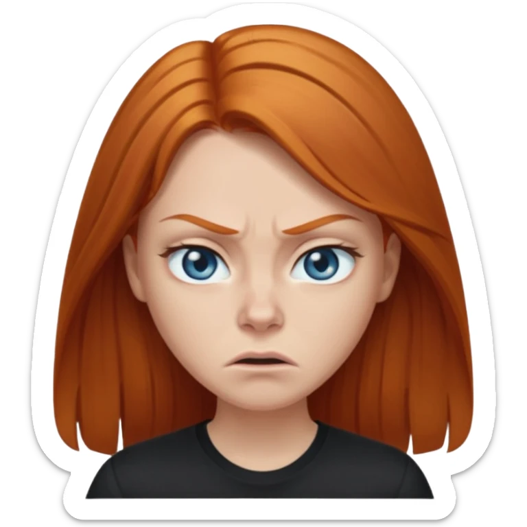 Ginger head woman with long hair and lightblue eyes, straight nose, almond eyes, black shirt. She is angry  sticker
