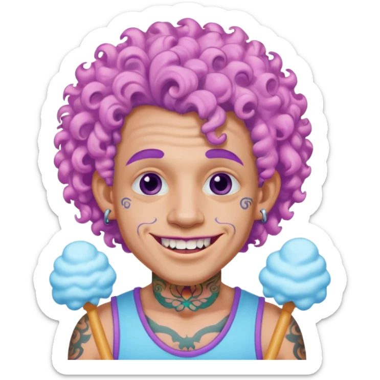 very cheerful colorful puffy violet curly haired man made out of cotton candy wearing teeth-braces and tattoos and face tattoos just face  sticker
