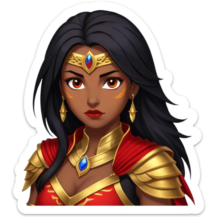 Cinematic Stunning Mulan Portrait Emoji, Fierce yet graceful, flowing raven-black hair, piercing brown eyes filled with determination, adorned in regal red and gold warrior attire, glowing with the strength and beauty of a true heroine, an elegant warrior in her prime! sticker