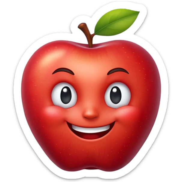 "Create a cartoon emoji of a red apple with a sly, mischievous grin. The apple should have playful anthropomorphic features like raised eyebrows and a smirk, styled as a 3D sticker with transparent background, vibrant colors, and subtle shading to convey a 'naughty' vibe." sticker