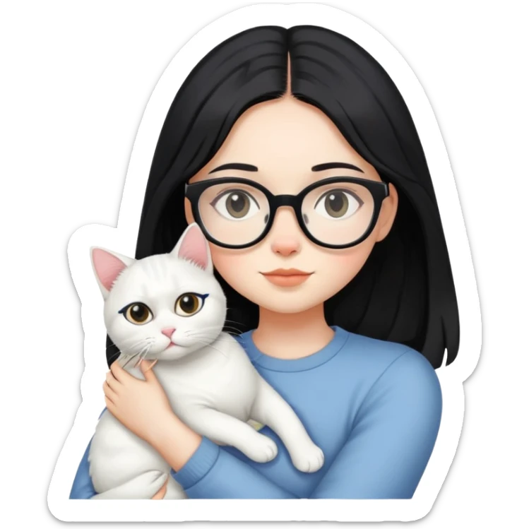 a girl with black mid length hair, clear specs and a white cat in her arms sticker