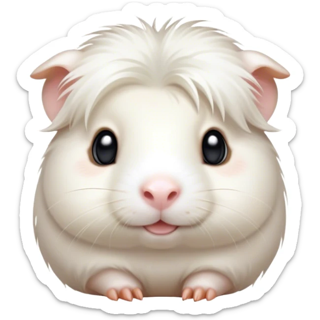 Cinematic Cute White Guinea Pig Portrait Emoji, Head tilted playfully and inquisitively, showcasing a silky, immaculate white fur with a natural glow, round, sparkling dark eyes filled with curiosity, Simplified yet irresistibly adorable features, highly detailed, glowing with a warm, friendly light, high shine, affectionate and lively, stylized with a touch of whimsy, bright and endearing, soft glowing outline, capturing the essence of a mischievous yet loving guinea pig, so playful it feels like it could nuzzle out of the screen and into your arms! sticker