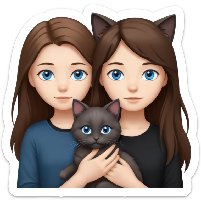 Girl with blue eyes and long brown hair and black shirt, holding a medium fluffy grey cat with folded ears sticker