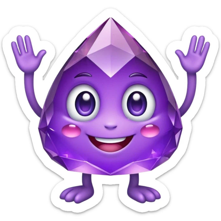Design a cute purple crystal mascot emoji with friendly eyes, a sweet smile, tiny arms and legs. Keep it adorable and distinctly purple crystal-shaped sticker