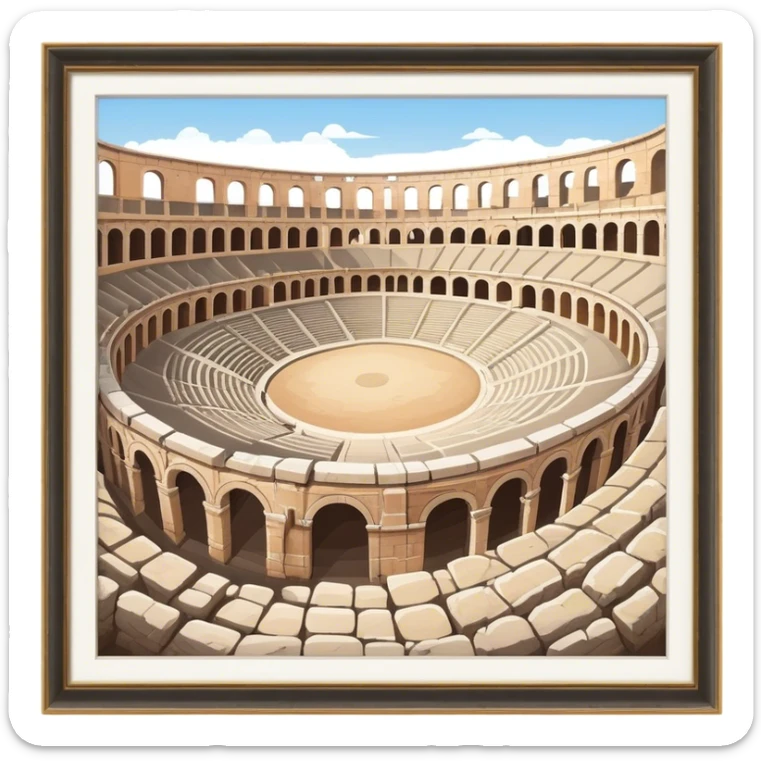 Cinematic Realistic Pula Arena Landmark Emoji, showcasing the ancient Roman amphitheater rendered with detailed weathered stone textures and dramatic lighting. sticker