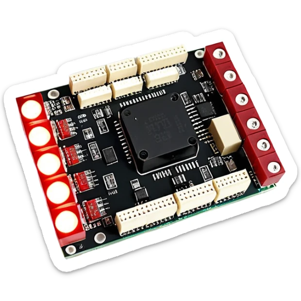 um explosivo improvisado composto por sete dinamites vermelhas presas por fita preta. O dispositivo inclui um temporizador digital de LED vermelho e uma placa de circuito com fios coloridos e um botão de ativação. Tudo está isolado sobre um fundo branco. sticker