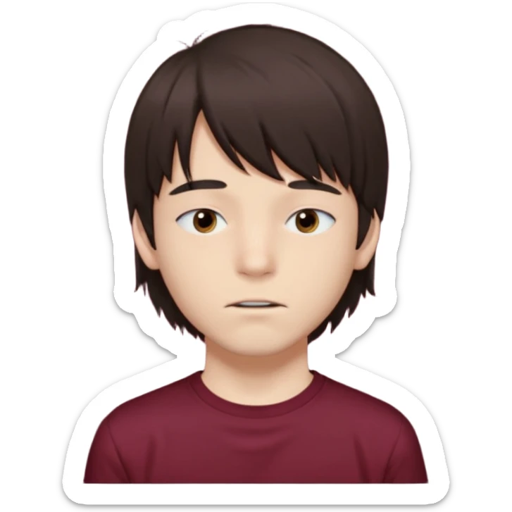 A boy with bangs covering his eyes, long hair sticking out at the back, and long sideburns. He has brown eyes and dark brown hair. He is wearing a maroon t-shirt and has an elongated jaw. He has two moles on the right side of his face, one below the eye and one on the cheek. sticker