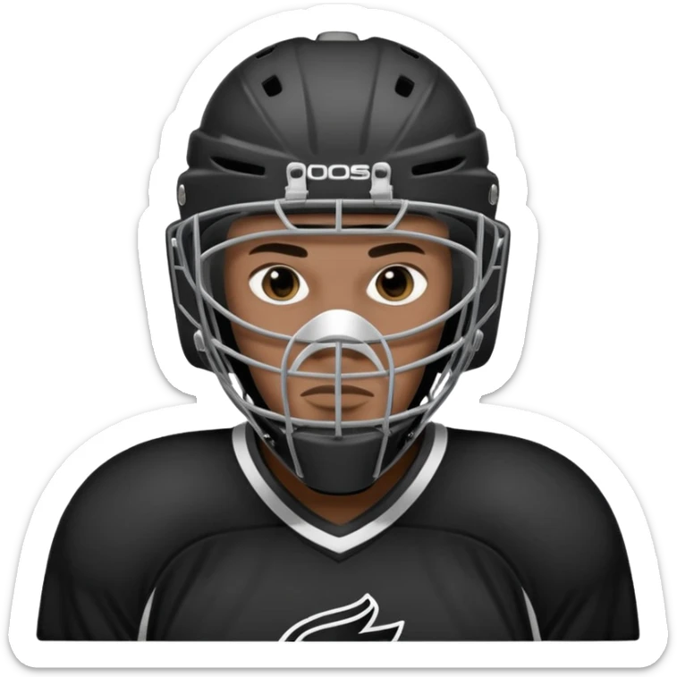 Black player of  ice hockey  who have  a goalkeeper mask which have small holes  sticker
