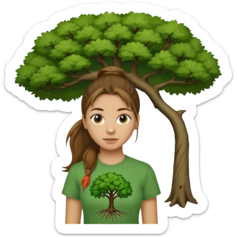 Make a zumba coach emoji, brown eyes, brown hair girl, green shirt with the "the roots" on it, longer pony tail hair, add tree logo on to the green shirt sticker