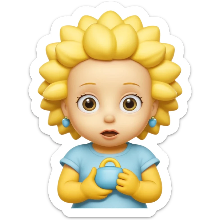 A 3D cartoon baby character fully yellow skin, styled like Maggie Simpson, with pacifier, big eyes, smooth shading, Memoji-style rendering, consistent with other yellow Simpsons characters. sticker