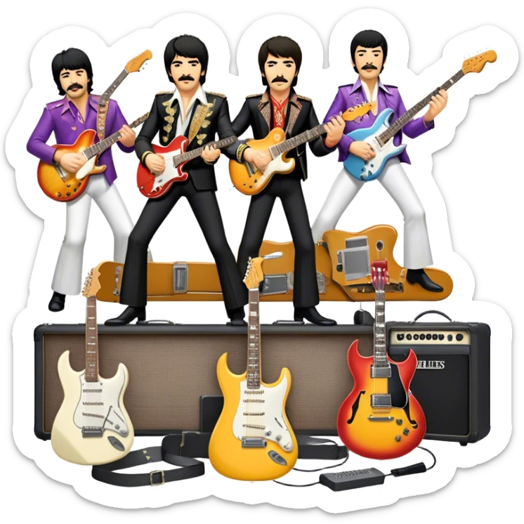 Rock music icon: dynamic collage of global rock legends like The Beatles, Jimi Hendrix, Elvis Presley, Freddy Mercury and Curt Cobane, surrounded by guitars, amplifiers, and stage lights. Symbolizing the energy and power of rock music. Transparent background. sticker