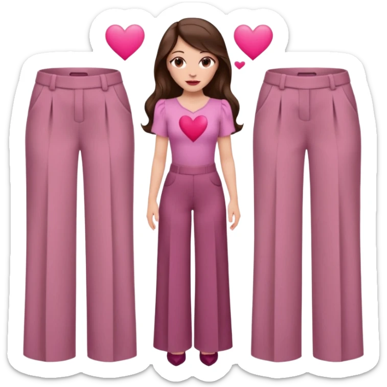  emoji, white person, inspired with brunette hair, brown eyes, long hair, heart shape lips and pink make up  and pink nails, mauve pink blush and brown wide leg pants, burgundy shoulder drop shirt, brown heels , princess hair, brown heels, no floating hearts  sticker