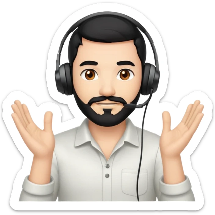Man with black hair, brown eyes, and black beard wearing gaming headset and applauding sticker