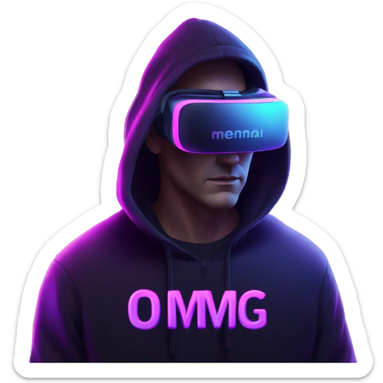 Russian man wearing a black hoodie with "OMG" letters on it and VR headset in a cyberpunk VR environment with violet neon lighting. sticker