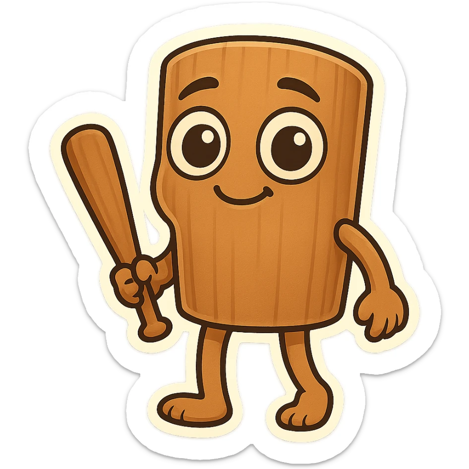 Chibi emoji of Tun Tun Suhoor, wooden stick body, smooth brown texture, big cartoon eyes on the stick, small smile, human arms and legs, holding a wooden bat, absurd and funny meme style, no text sticker