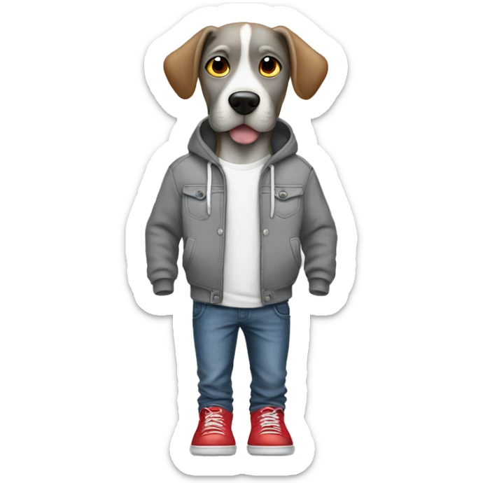 Dog,gray hoodie, jeans,hands in pockets, red shoes sticker
