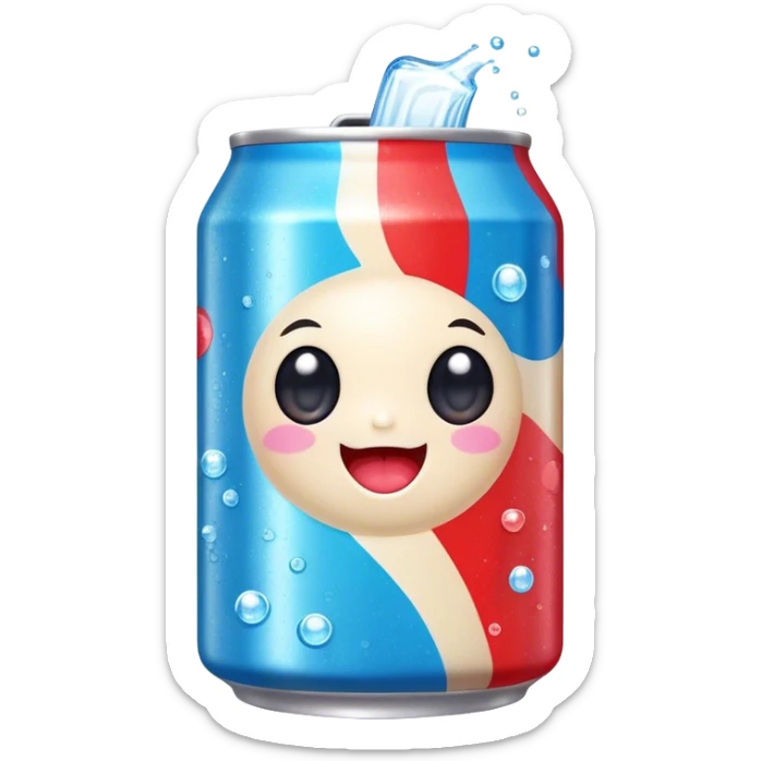 Cute Kawaii Soda Can, bubbly and vibrant, bright red and blue stripes, playful fizz popping around, a chubby happy face with wide sparkling eyes, energetic and refreshing! sticker