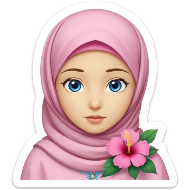 Turkish beautiful finish Konya girl blue eyes with light pink yellow summer hijab islamic dress and had on her hijab hibiscus flower sticker