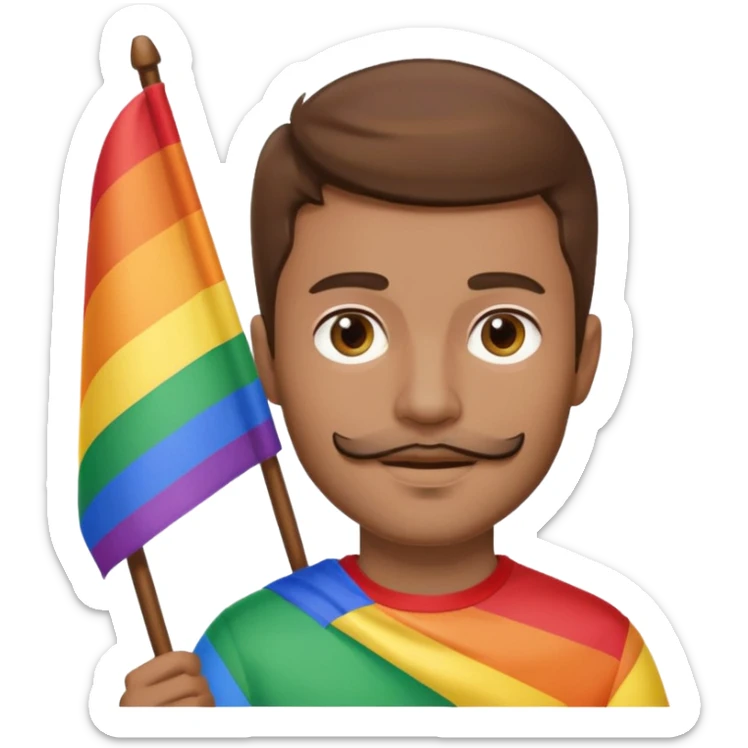 Man with brown hair and little facial hair holding a gay pride flag sticker