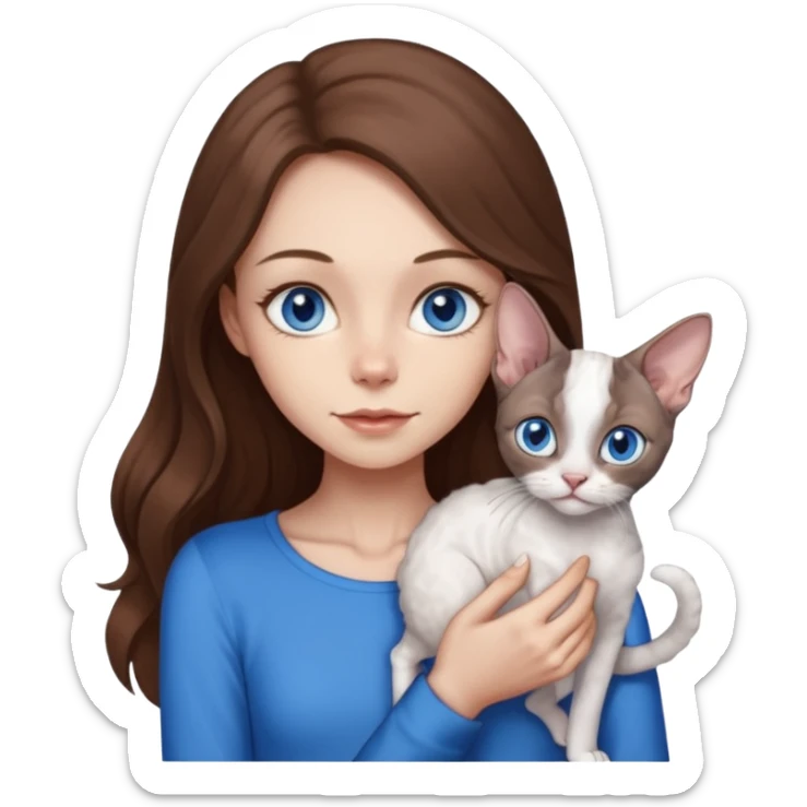 beautiful skinny girl with long brown hair and blue eyes in dark long sleeve is holding a devon rex white cat with blue eyes. the colors of cat’s and girl’s eyes are the same.  sticker