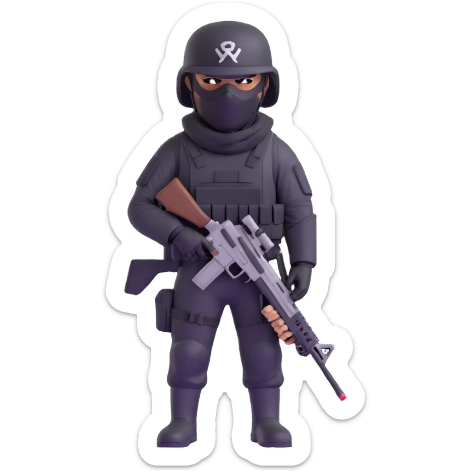 armed figure in all-black military clothing, shiesty mask, and helmet sticker