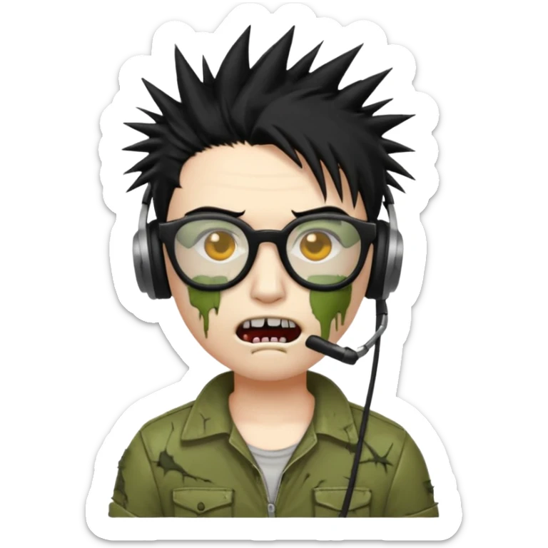 make a zombie iphone emoji with black  glasses, scratches black spiky hair and headphone
 sticker