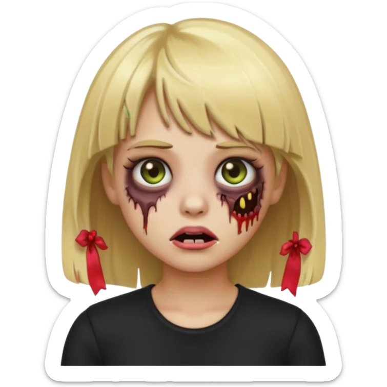 create a emoji zumbi girl with blonde hair and bangs, black clothes anf hazel eyes sticker