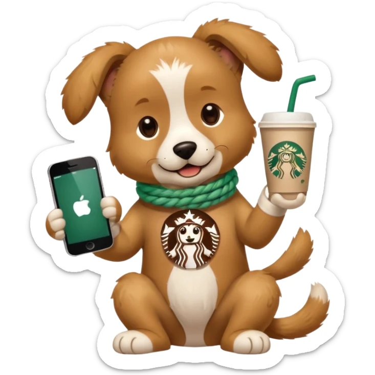 Dog wearing rope with starbucks in his right hand and an iphone in his left hand sticker