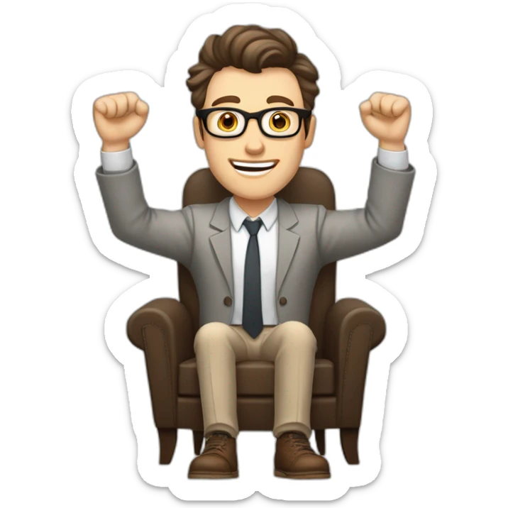Joyful Celebrating victory Hands up Pale skinned Fit Man With dark brown hair in gray jacket, beige office shirt, Brown pants and vintage glasses sitting In a soft chair sticker