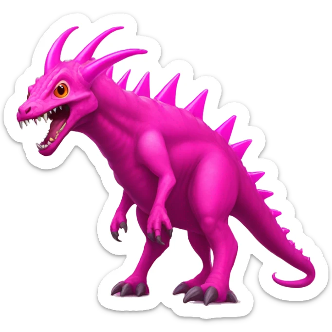 A giant pink kaiju with a long neck, 2 bright pink tusks, horns and 10 spines. He has also 4 full dark pink eyes with no pupils, dark pink claws and he got 2 spines on its tail.  sticker